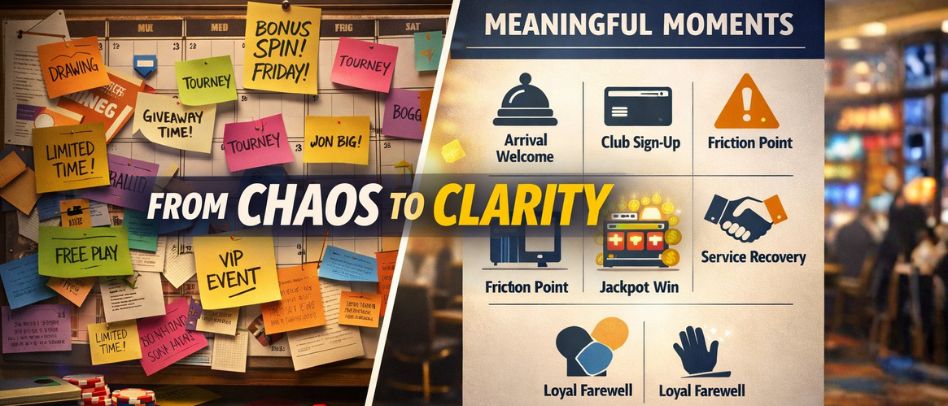 Split image showing a crowded casino promotions calendar transforming into a simplified guest “moments map,” representing marketing with meaning and brand loyalty.