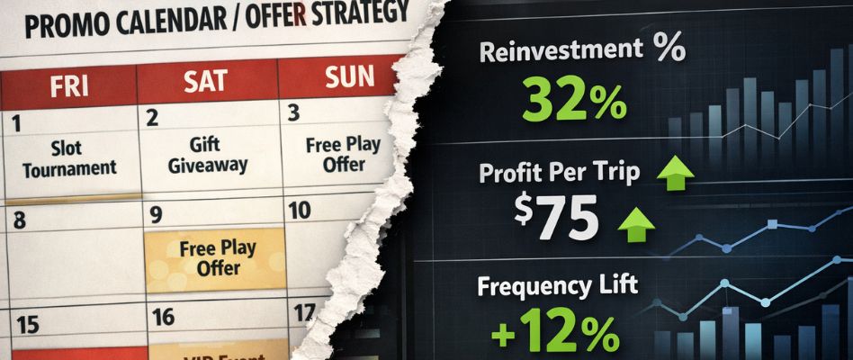 Casino marketing strategy visual showing a promotions calendar replaced by reinvestment and profit-per-trip KPIs